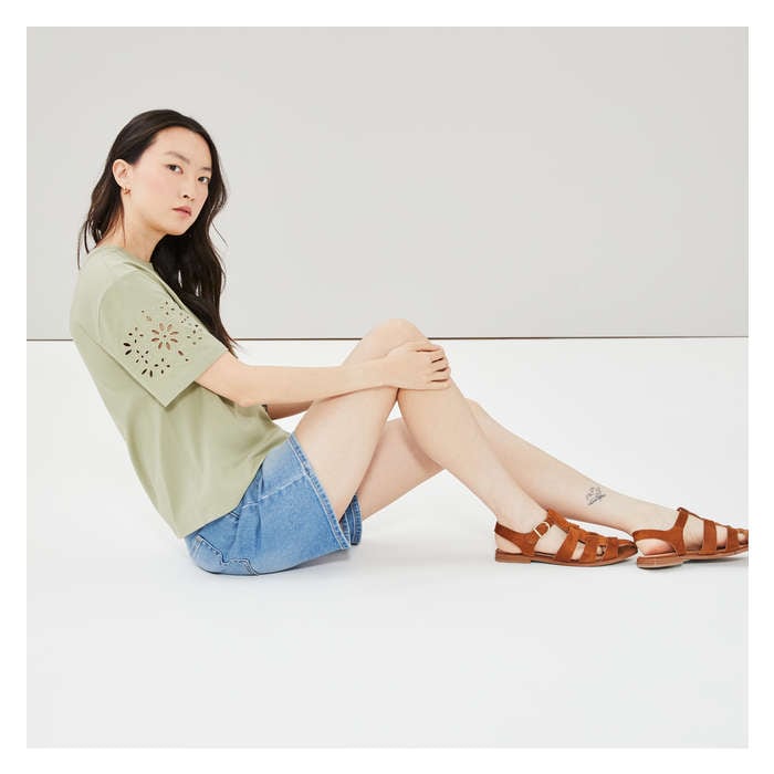 Women's Embroidered Sleeve Oversized T-Shirt - Khaki Green